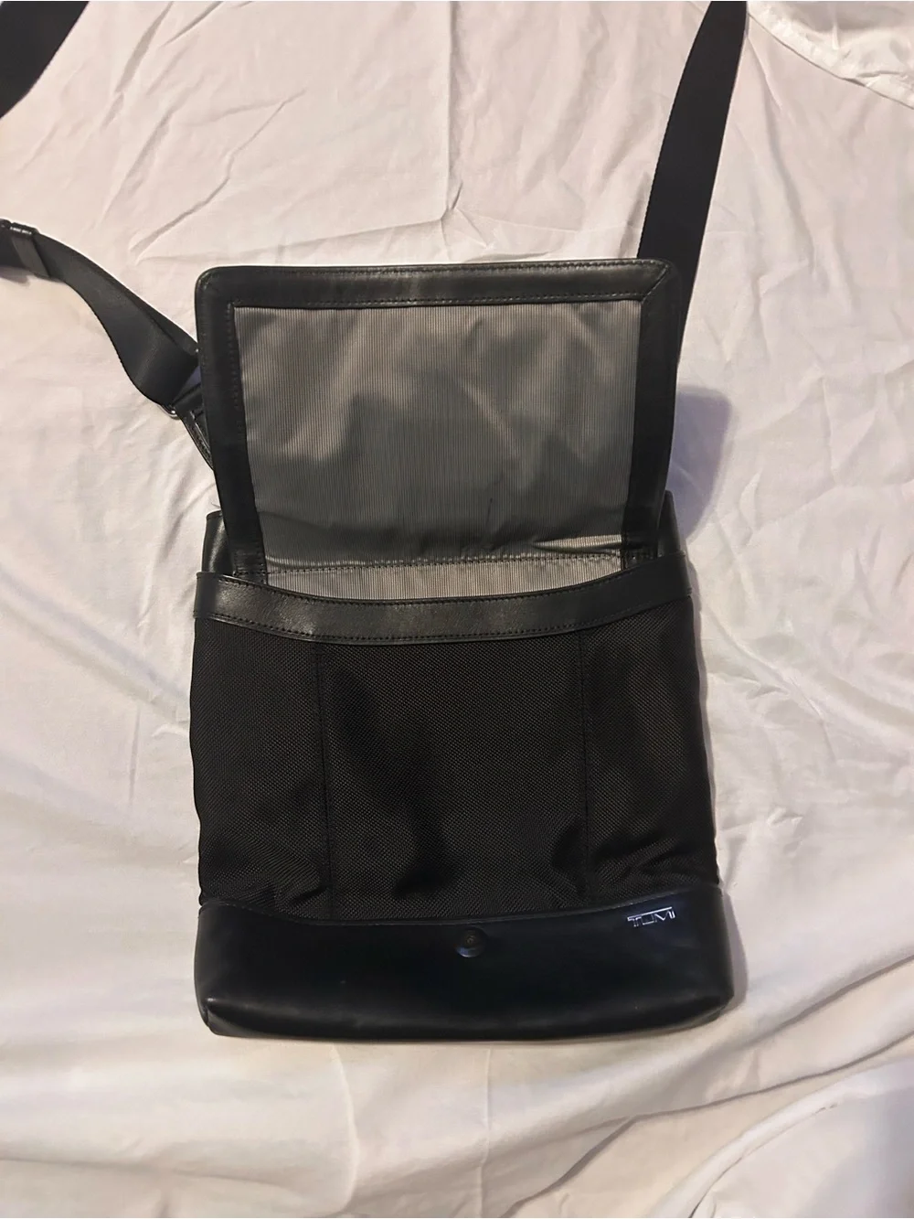 Tumi Black Leather & Nylon Messenger Bag with Buckle Detail